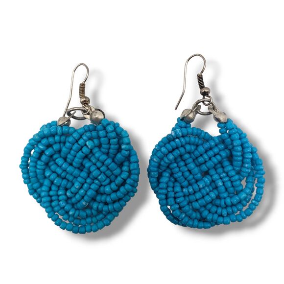 Turquoise Blue Color Seed Bead Round Knot Silver Tone Hook Earrings - Picture 2 of 5